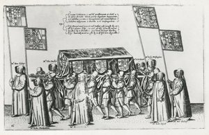 Sir Philip Sidneys begravelseskorteg på vej til St. Pauls Cathedral, 1587 af Theodore de Bry