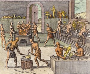 Atahualpas guldsmedes værksted i Quito, fra en beretning af Girolamo Benzoni, fra 