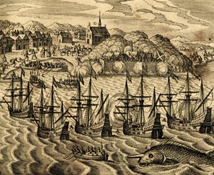Udsigt over havnen i Acapulco i Mexico, gravering fra Historia Americae, af Theodor de Bry (1528-1598), Frankfurt af Theodore de Bry
