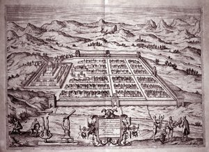 Udsigt over inkabyen Cuzco, Peru (gravering af Theodore de Bry