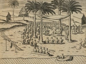 Velkommen fra indfødte afrikanske indfødte, Illustration fra Indiae Orientalis af Antonio Pigafetta, af Theodore de Bry af Theodore de Bry