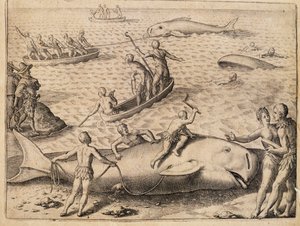 Hvalfangst nær Spitsbergen, gravering af Theodor de Bry (1528-1598) fra India Orientalis (Østindien) af Theodore de Bry