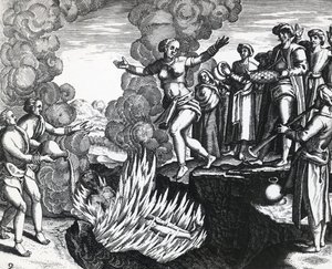 Kvinde kaster sig på ægtemandens bål, af Theodor de Bry (1528-1598), gravering af Theodore de Bry