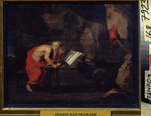 Sankt Hieronymus (Saint Hieronymus). Peinture af Theodore Van Thulden (1606-1669). Huile sur bois, 22,2 x 29,5 cm. kunst flamand, kunst barok. Regionalt kunstgalleri, Tambov (Rusland).