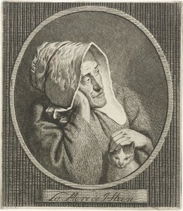 Gammel kvinde med kat La Mere de J. Steen (titel på objekt)