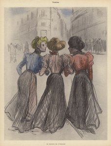 Tre kvinder går ned ad gaden (farve litho) af Theophile Alexandre (after) Steinlen