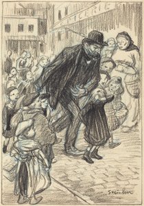 En mand på en gade i byen, omgivet af børn (Un Père) af Théophile Alexandre Steinlen