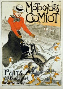 Reklameplakat for Comiot motorcykler. En ung kvinde på knallert ruller blandt en gruppe gæs. Plakat af Theophile Alexandre Steinlen (1859-1923). 1899. Paris, dekorativ kunst. af Théophile Alexandre Steinlen