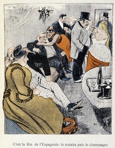 Filles et Marlous: Det er spaniernes fest: notaren betaler champagnen - i "Dans la vie" af Steinlen 1901 (samme tegning som nr. 27695) af Théophile Alexandre Steinlen