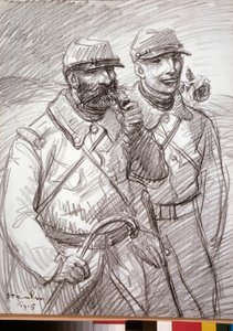 Første Verdenskrig: "De behårede i 1915", franske soldater. Tegning af Theophile Alexandre Steinlen (1859-1923) af Théophile Alexandre Steinlen