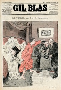 Illustration af Steinlen af Guy de Maupassants novelle "" Låsen""". Ulovligt par fanget i fuld kærlighed ebats - Utroskab, overraskelse. Forside af Gil Blas nr. 4, 22. januar af Théophile Alexandre Steinlen