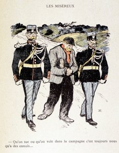 Les Miséreux: Uanset om vi dræber eller stjæler på landet, er vi altid i problemer... (En vagabond omgivet af 2 gendarmer) - i "" In Life"", af Steinlen 1901 af Théophile Alexandre Steinlen