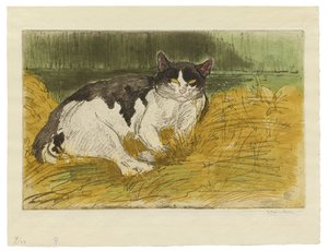 Gammel sort og hvid kat i græsset af Théophile Alexandre Steinlen