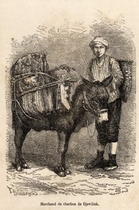 En kulhandler med sit æsel i Djewilisk (det nordlige Anatolien), indgraveret efter en tegning af fortælleren, der illustrerer en rejse i Lazistan og Armenien i 1869, af Theophile Deyrolle, udgivet i "" Le tour du monde"" 1875, redigeret af Edouard Charton