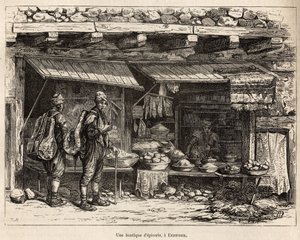 En købmand i Erzeroum (Armenien), indgraveret efter en tegning af forfatteren, der illustrerer rejsen i Lazistan og Armenien, af Theophile Deyrolles, i 1869, udgivet i "" Le tour du monde""" 1875, redigeret af Edouard Charton, Hachette udgave, Paris.