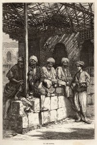 En armensk cafe, et sted for maskulin hygge, til at drikke kaffe og ryge pibe, gravering efter en tegning af forfatteren, der illustrerer rejsen i Lazistan og Armenien, af Theophile Deyrolles, i 1869, udgivet i "" Le tour du monde" ”” 1875, e