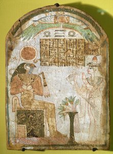 Stela, der forestiller Tachenes, der beder foran guden Re-Horakhty, 900 f.Kr. (malet træ)