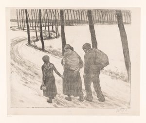 Mand og kvinde med to børn, der går på en landevej Pauvres gens af Théo van Rysselberghe
