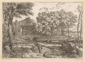 Arkadisk landskab med en flok geder ved vandet og en mor med barn på en sti med andre figurer Suite de Paysages (serietitel)