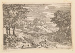 Arkadisk landskab med en kvinde siddende ved en vase og andre figurer Suite de Paysages (serietitel)