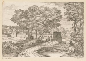 Arkadisk landskab med to kvinder ved et springvand Suite de Paysages (serietitel)