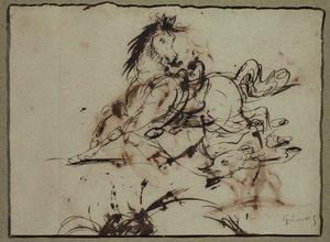 Tilskrives Théodore Géricault - skræmt hest, mellem slutningen af det 18. og begyndelsen af det 19. århundrede af Theodore Gericault