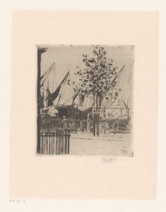 Gadeudsigt med figurer ved en havn Hjørnet af Luna Street, Chelsea Embankment af Théodore Roussel (signed by artist)