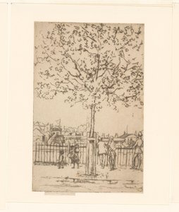 Seks figurer ved et hegn langs en flod, i forgrunden et træ Chelsea Embankment, juni, kl. 17.00, 1889 af Théodore Roussel (signed by artist)