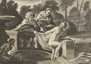 Susanna, delvis nøgen og træder ud af et springvand med to ældste til venstre, en o..., ca. 1656-60.