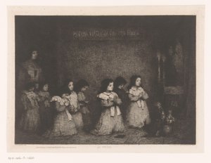 En gruppe piger i bøn foran en statue af Maria La Priere (titel på objekt) Eaux-Fortes Modernes: Originales et Inédites (serietitel)