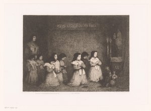 En gruppe piger i bøn foran en statue af Maria La Priere (titel på objekt) Eaux-Fortes Modernes: Originales et Inédites (serietitel)