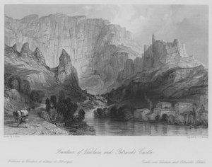 Vaucluse-fontænen og Petrarcas slot (gravering) af Thomas (after) Allom