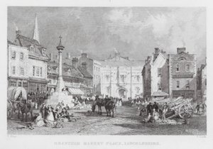 Grantham Market Place, Lincolnshire (gravering) af Thomas (after) Allom