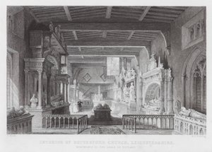 Interiør af Bottesford Church, Leicestershire, Monumenter til Earls of Rutland (gravering) af Thomas (after) Allom