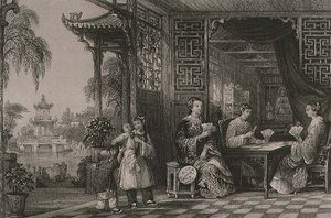 Damer fra en mandarinfamilie ved kortspil, fra "China in a Series of Views" af George Newenham Wright (ca.1790-1877) 1843 (stik) af Thomas (after) Allom