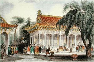 Audienssalen ved Palace of Yuen-ming-Yuan, Peking, ca. 1850 (farve litho) af Thomas (after) Allom
