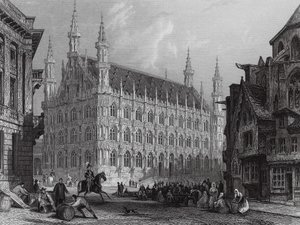 Rådhuset i Louvain med en del af katedralen (stik) af Thomas (after) Allom