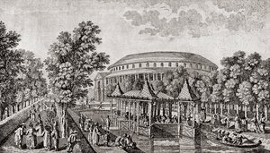 Ranelagh Gardens, Chelsea, London, England. Det ydre af Rotunda ved Ranelagh Gardens, det "kinesiske hus", og en del af grunden, efter gravering af Thomas Bowles af Thomas (after) Bowles