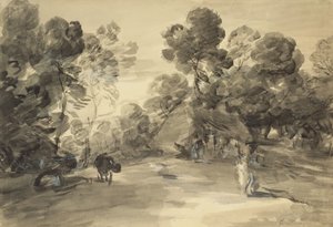 Skovklædt landskab med figurer, sommerhus og ko, ca. 1785 (vask & kridt med gouache på papir) af Thomas (after) Gainsborough