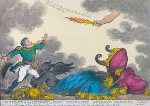 Tegneserie, der fejrer Napoleons abdikation i 1814