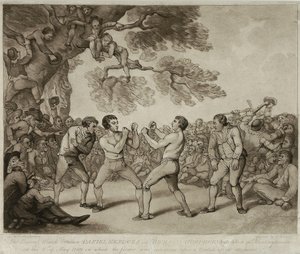 Boksekampen mellem Daniel Mendoza og Richard Humphreys i Stilton, Huntingdonshire, 6. maj 1789, indgraveret af Joseph Grozer (ca. 1755-99) (gravering) af Thomas (after) Rowlandson