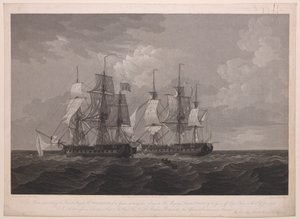 Denne plade forestiller den franske fregat La Proserpine på 40 kanoner, der stak flaget mod Hans Majestæts fregat Dryad på 36 kanoner ud for Cape Clear den 13. juni 1796 ... dedikeret til kaptajn ... Lord Amelius Beauclerk... af Thomas (after) Whitcombe