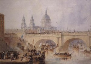 Overborgmesterens landstigning ved Blackfriars Bridge, ca. 1830 af Thomas Allom