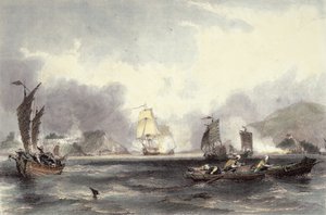 HM skibe Imogene og Andromache passerer Batterierne i Bocca-Tigris, ca. 1850