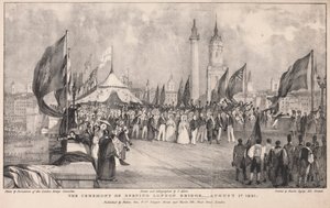 Ceremonien for åbning af London Bridge med Old London Bridge i baggrunden af Thomas Allom