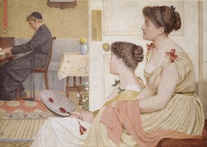 Drawing Room Scene med en ung præst ved klaveret, slutningen af det 19. århundrede