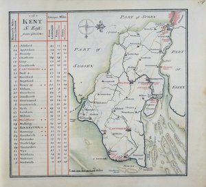 Kent, plade 39r, fra A Complete Set of Maps of England and Wales in General..., 1724 (pen & blæk og wc på papir)