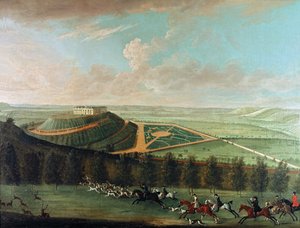 Udsigt over Belvoir Castle fra sydvest, med Belvoir Hunt i fuld udråb, 1730