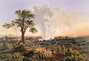 The Falls by Sunrise med sprøjteskyen, der stiger 1.200 fod, 1865 (farvetryk)