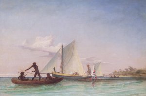 The Long Boat of the Messenger angrebet af indfødte af Thomas Baines